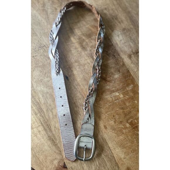Fossil Silver Metallic Braided Leather Belt Women’s M 42” Rustic Boho Style - Picture 4 of 6